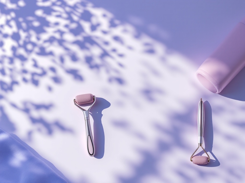 Minimal arrangement of skincare tools and a microneedling roller on white