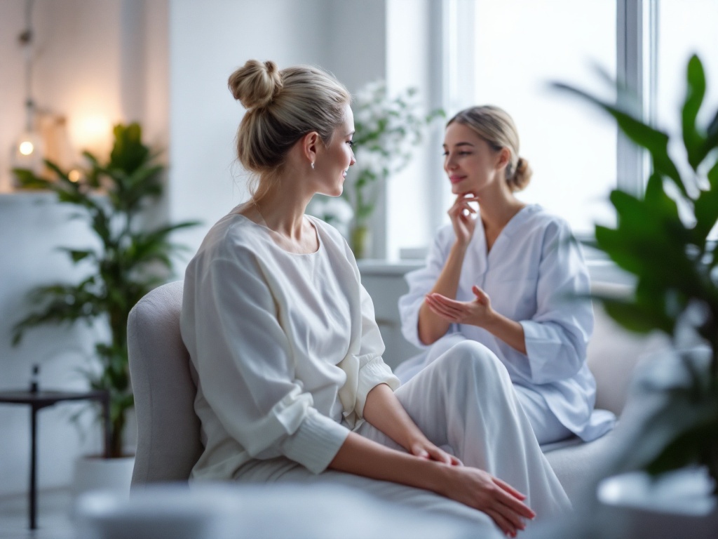 A calm consultation between an aesthetic provider and a patient by a window