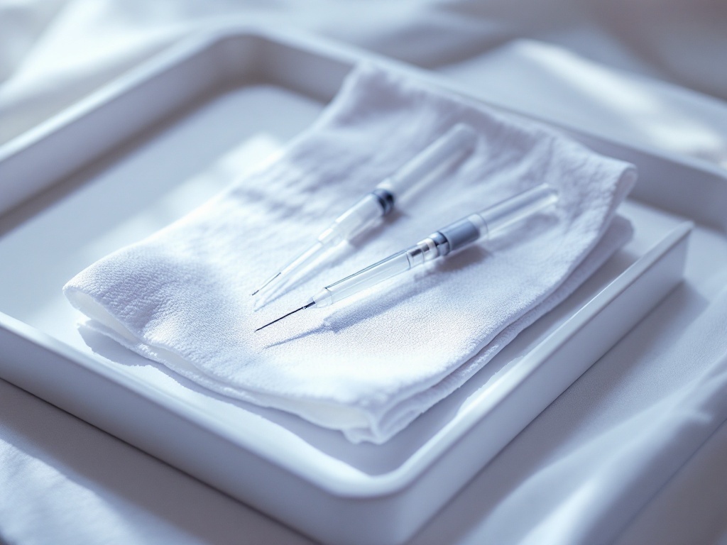 A clinical tray holding a blunt-tip cannula and a fine needle side by side on pale gauze