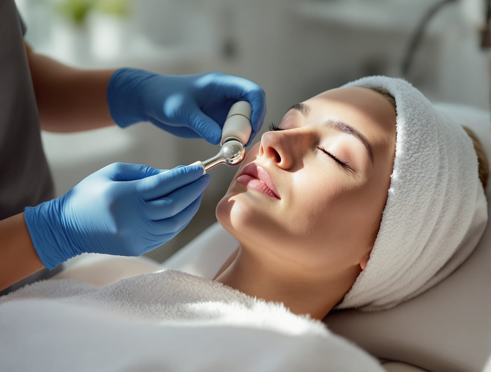 A calm patient reclined in a bright aesthetic clinic chair while a gloved injector holds a cold roller near the lower eye area