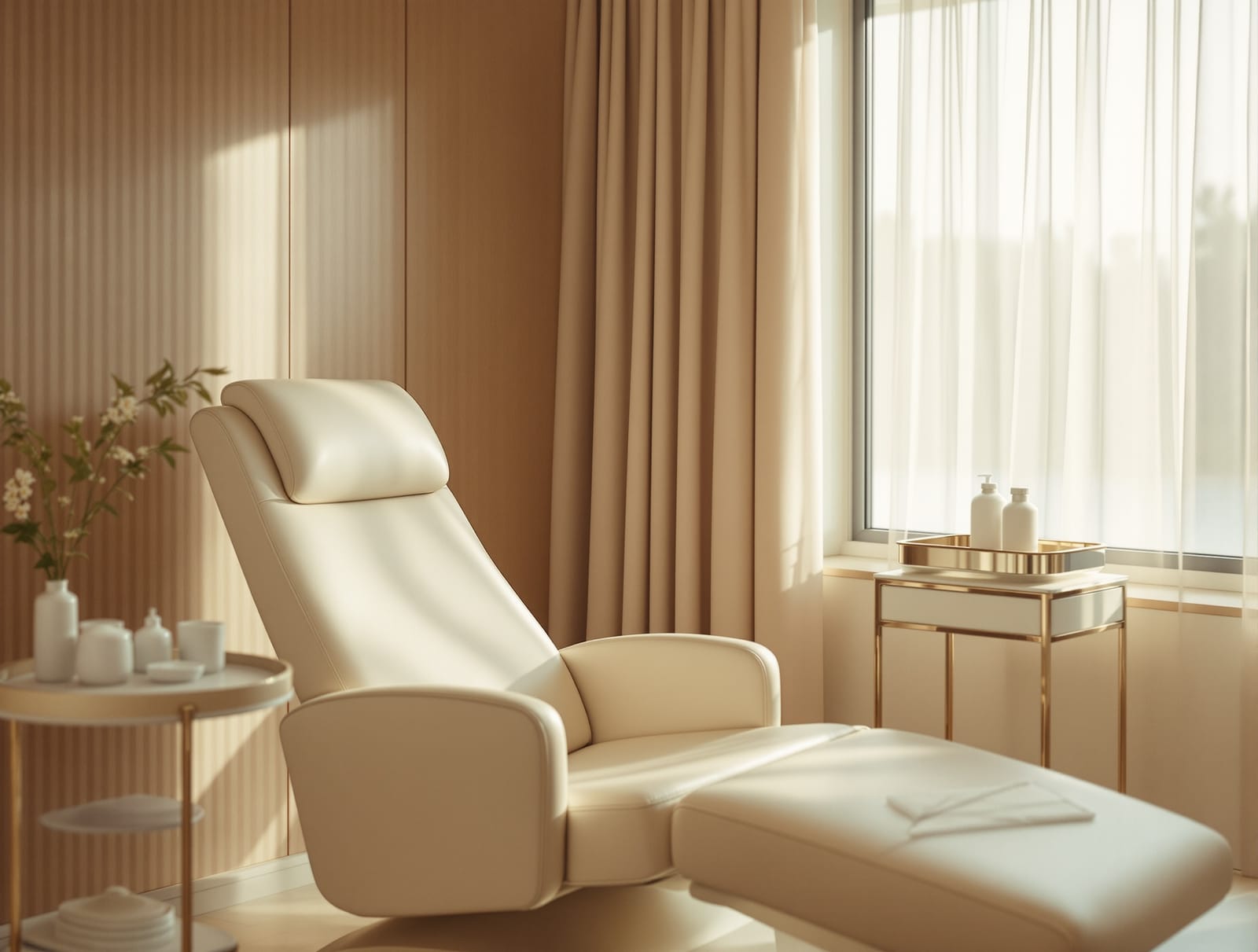 A calm, bright aesthetic clinic treatment room with a reclined chair and a small tray of sterile supplies