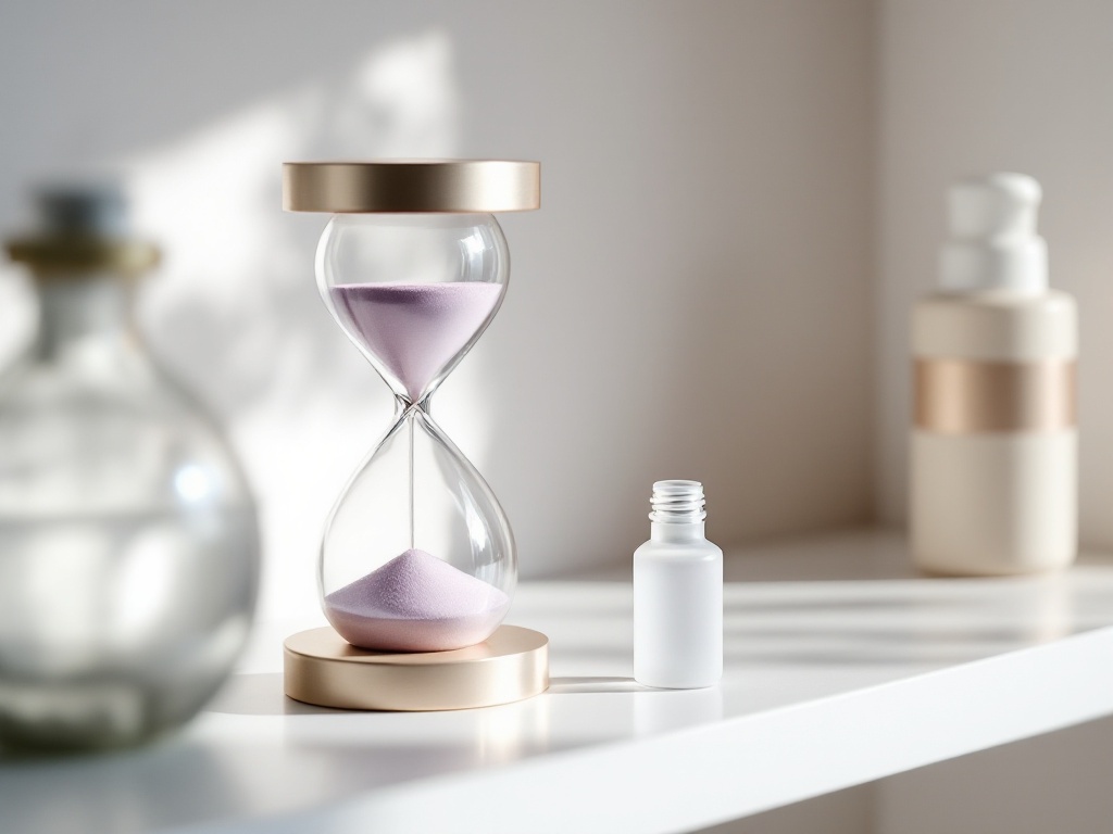 A small hourglass beside an unlabeled vial on a bright clinic shelf in soft daylight