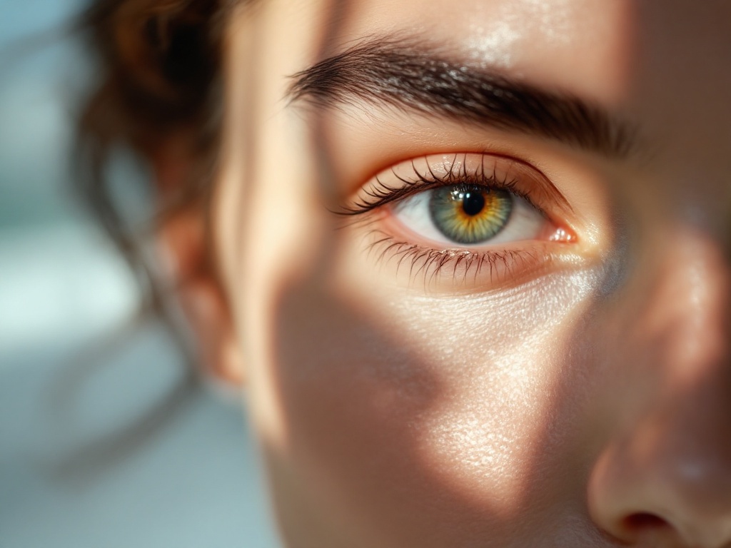 Soft macro of a calm under-eye area in cool morning light with a faint blue-violet cast