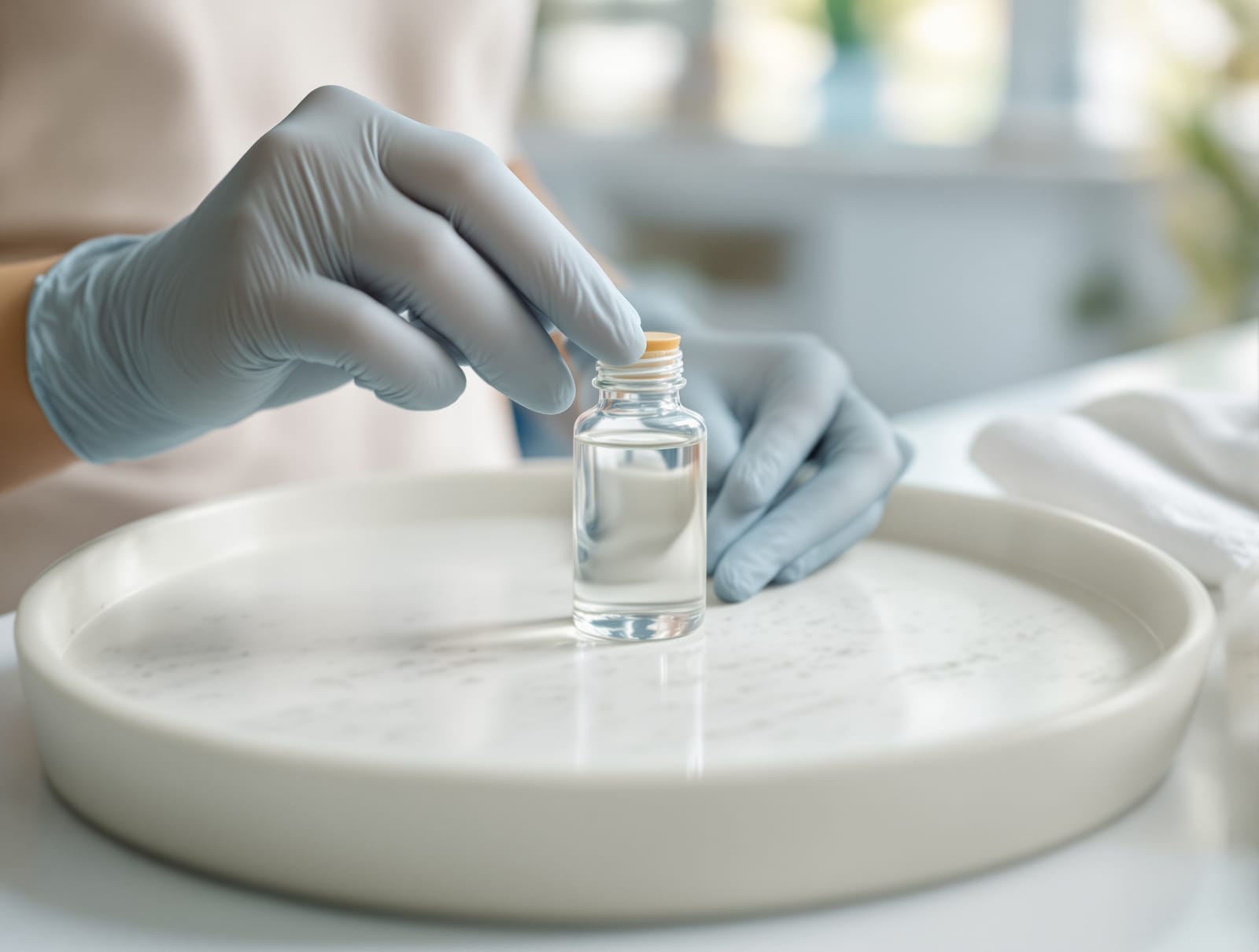 A gloved clinician's hands presenting a single small unlabeled vial of clear gel on a pale stone tray in a bright clinic