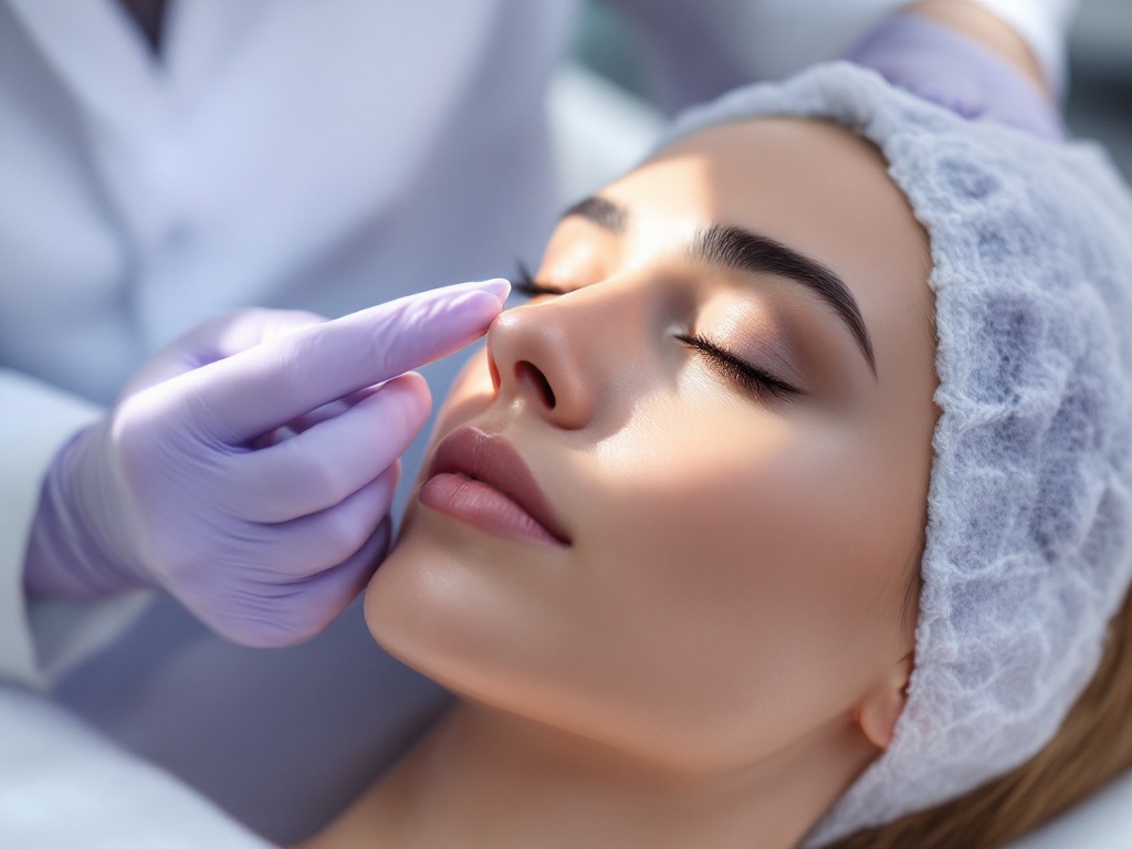 A gloved clinician gently assessing beneath a calm patient's lower eyelid in a bright clinic