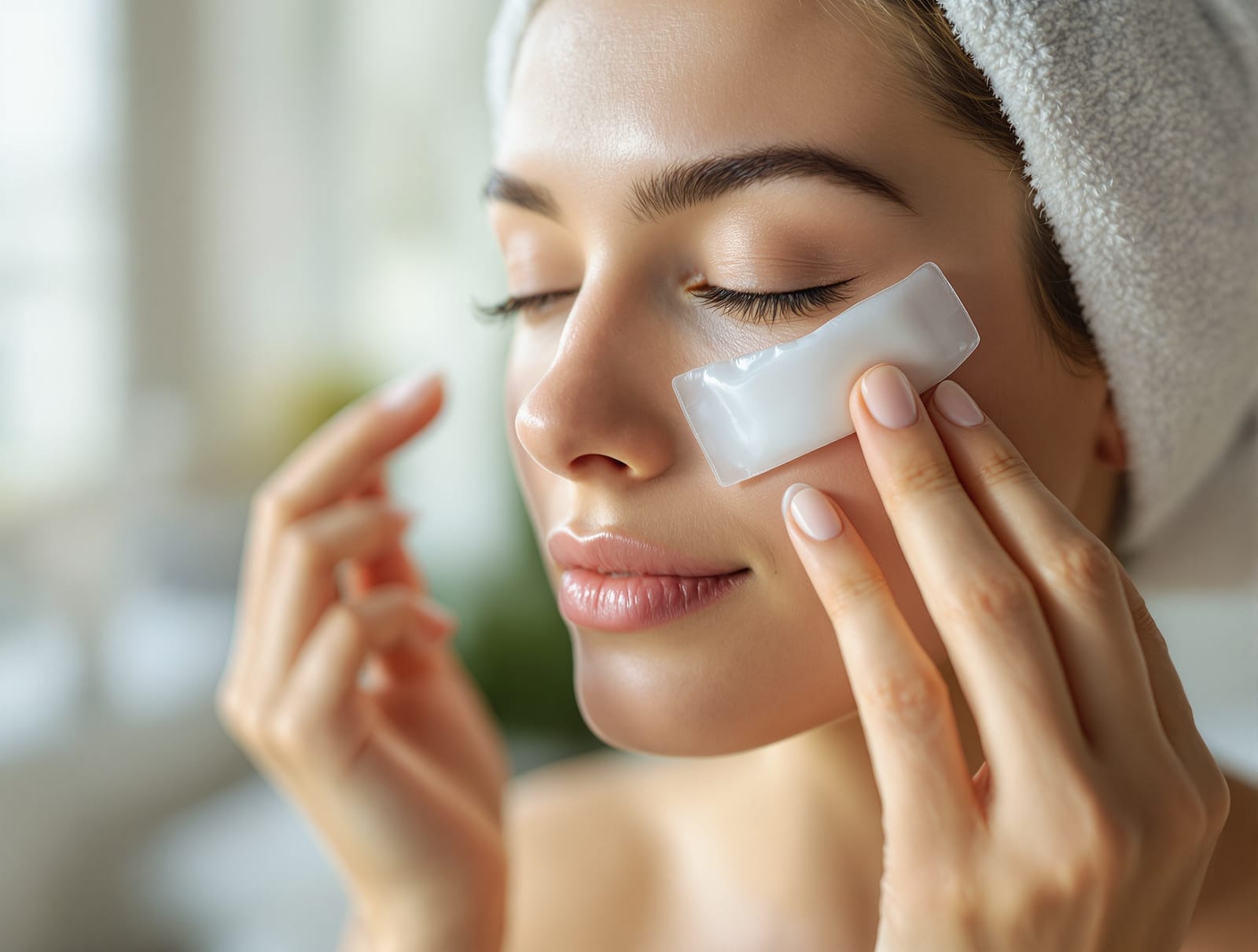 A person applying a cold gel compress under one eye at home in soft morning daylight
