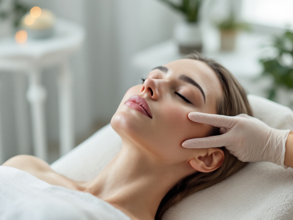 A gloved aesthetic clinician examining a patient's under-eye in a bright clinic