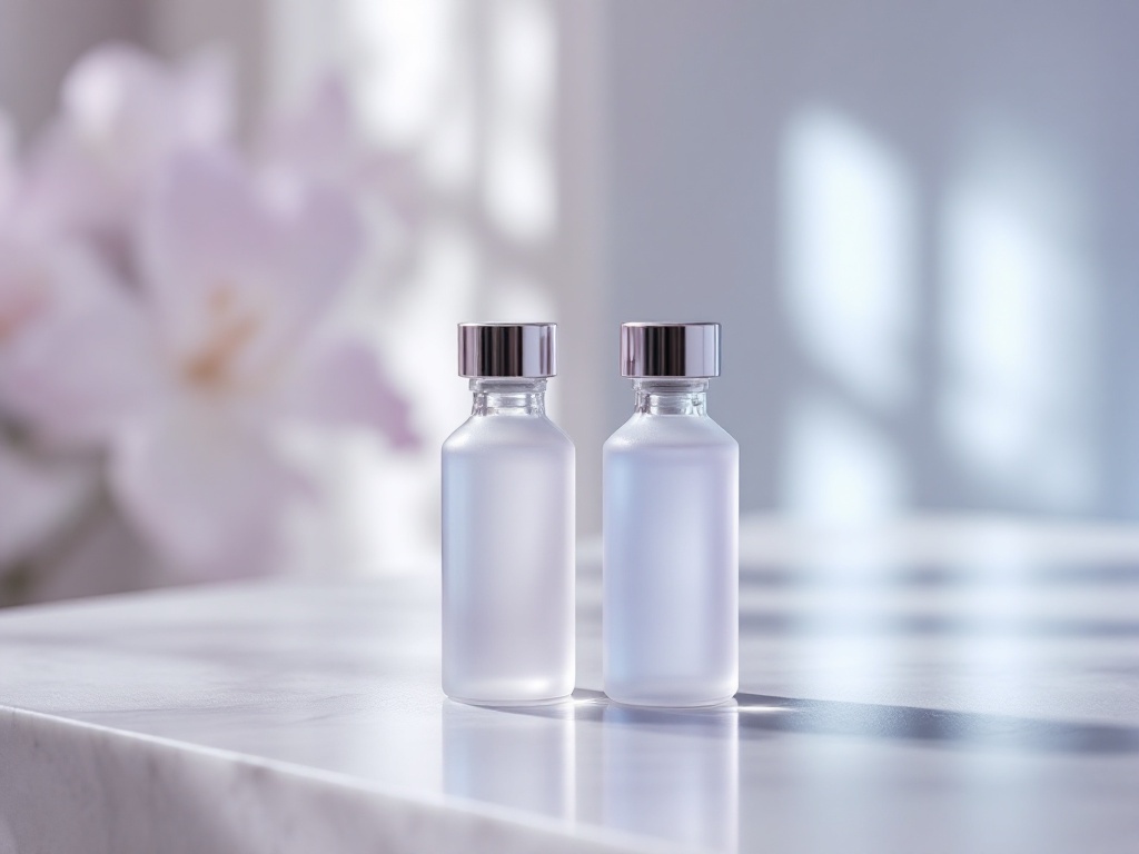 Two small unlabeled glass vials side by side on a pale clinic counter in soft daylight