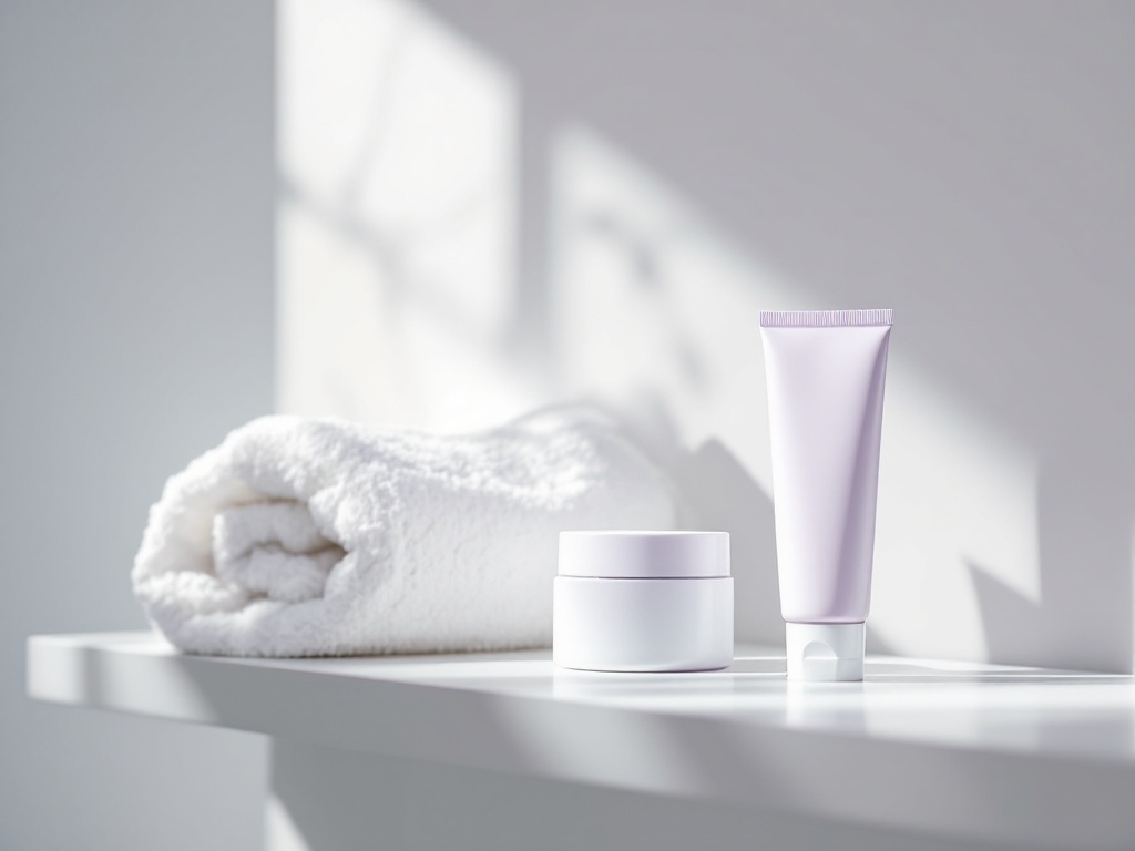 A simple eye cream and sunscreen beside a soft towel in morning light