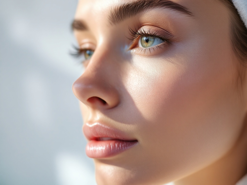 Soft natural daylight across a calm bare under-eye area in close profile