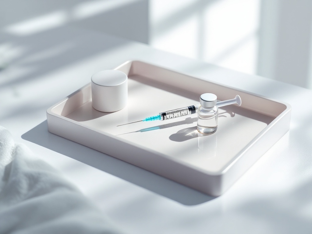 A clean clinical tray with a single fine syringe on a pale surface